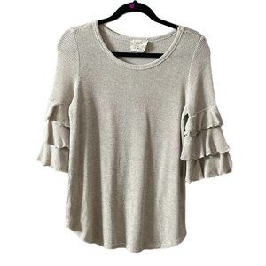 Fantastic Fawn Waffle Knit Ruffle Sleeve Beige Top Shirt Women’s Size Small